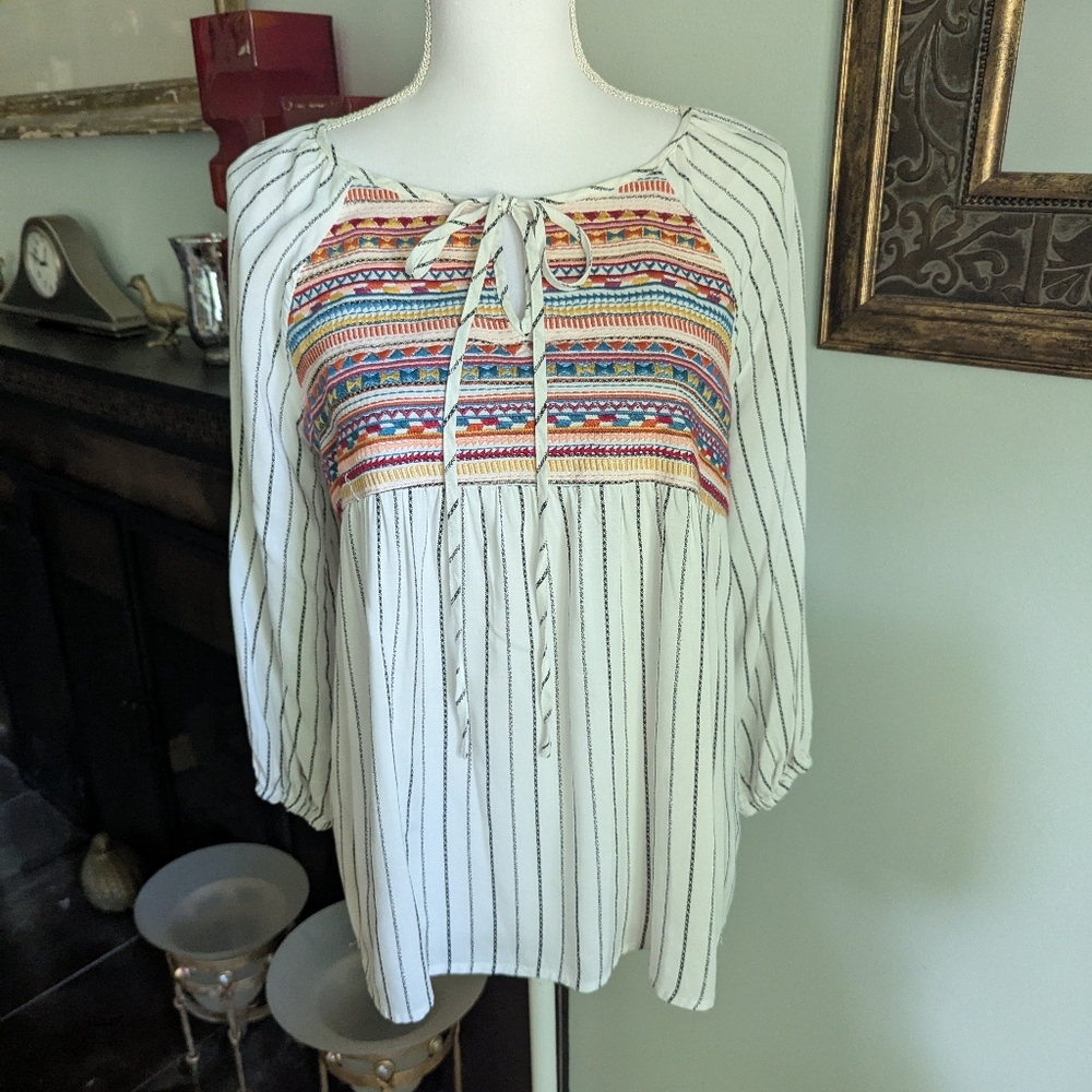 Savanna Jane M Bahama Beauty Embroidered Top Multicolor Striped 3/4SLV BOHO 124